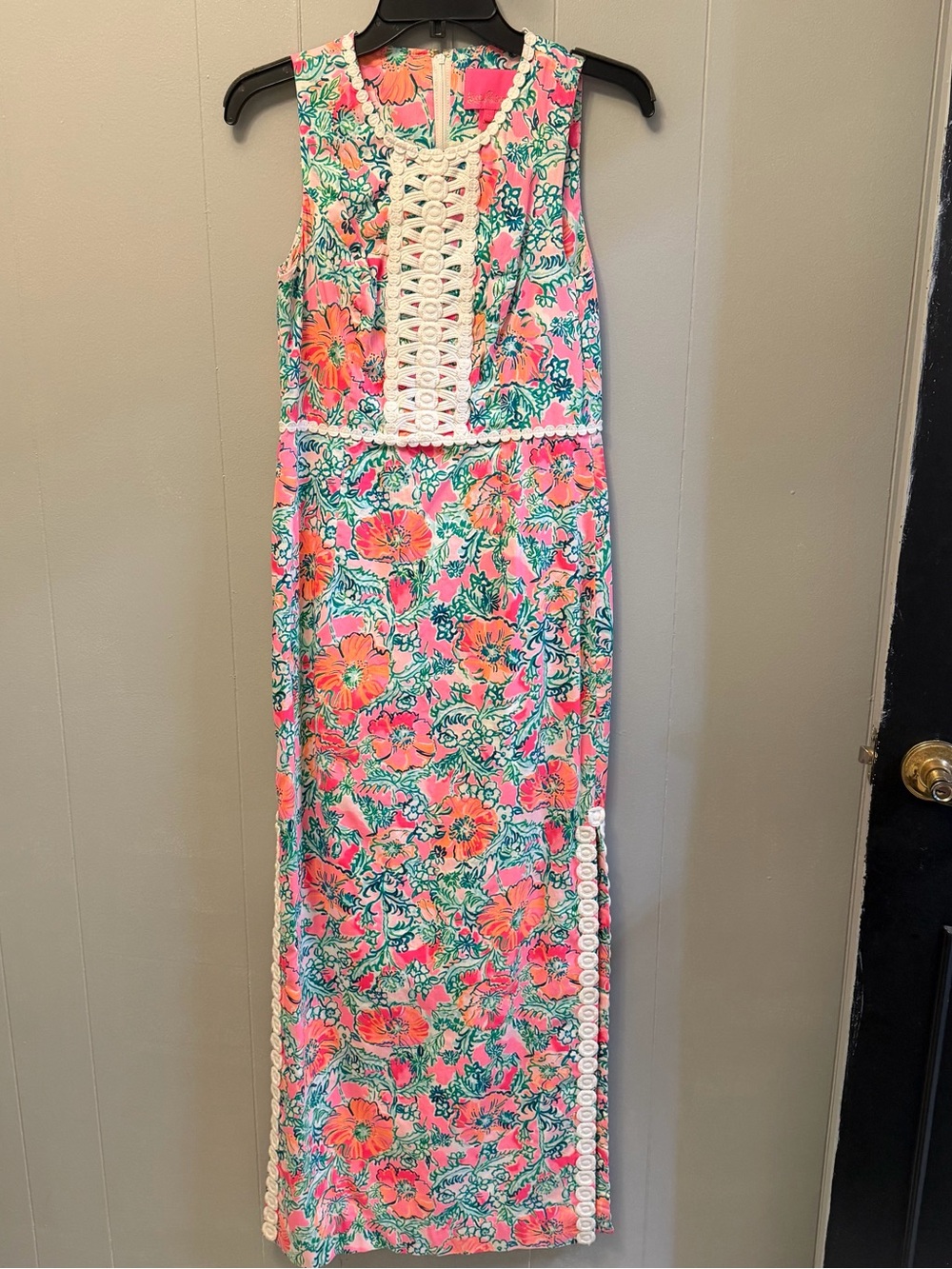 Floral Crochet-Trim Maxi Dress in Coral & Teal